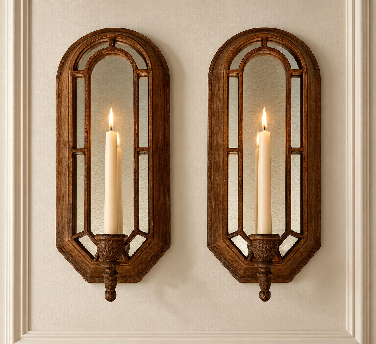 Vintage Wood Mirrored Wall Sconces Pair Taper Candle Holder Dark Academia Gothic Vintage Wood Mirrored Wall Sconces Pair Taper Candle Holder Dark Academia Gothic