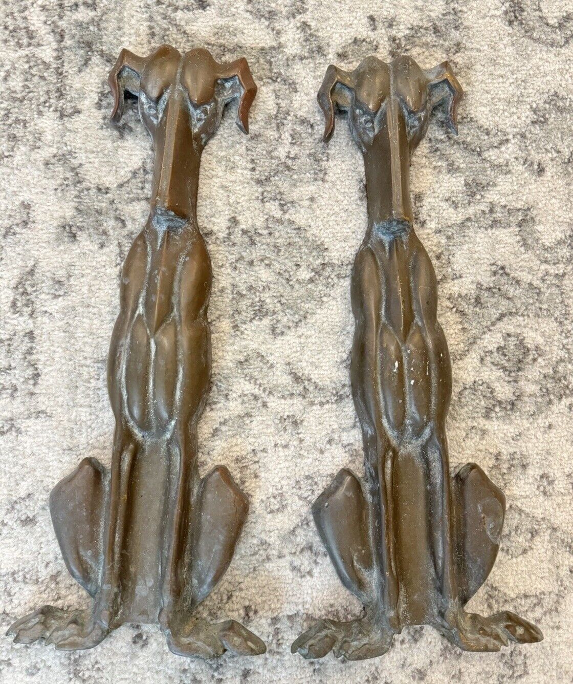 Antique Whippet Dogs Brass Bronze Andiron Ends ONLY Figural Art Deco Greyhound