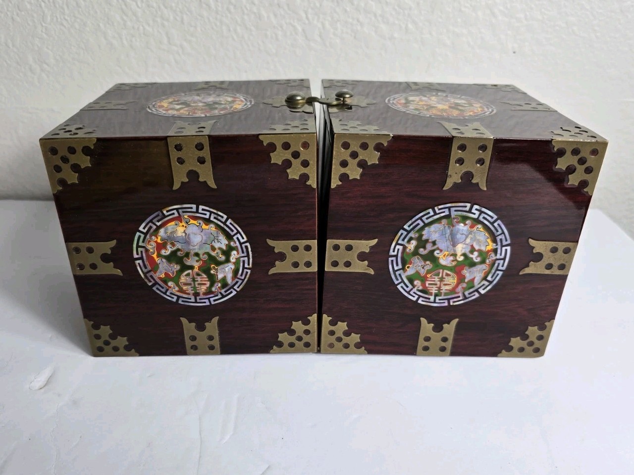 Vintage Asian Style Wooden Jewelry Box Brass Hardware, Abalone Inlay, Drawers