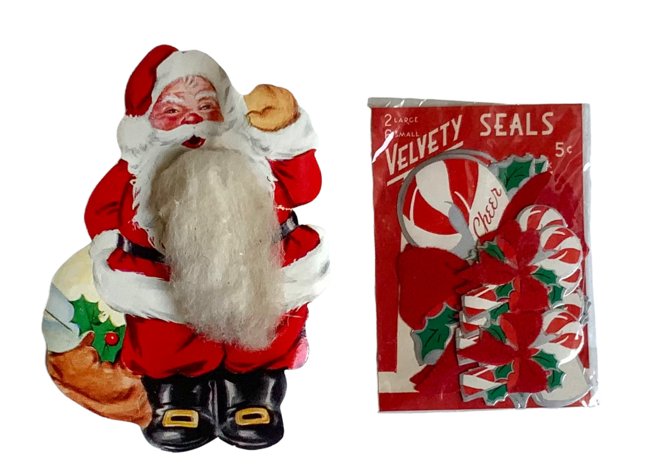 VINTAGE Christmas  Stickers 4.5” Santa With Beard Sealed Velvety Seals NEW RARE
