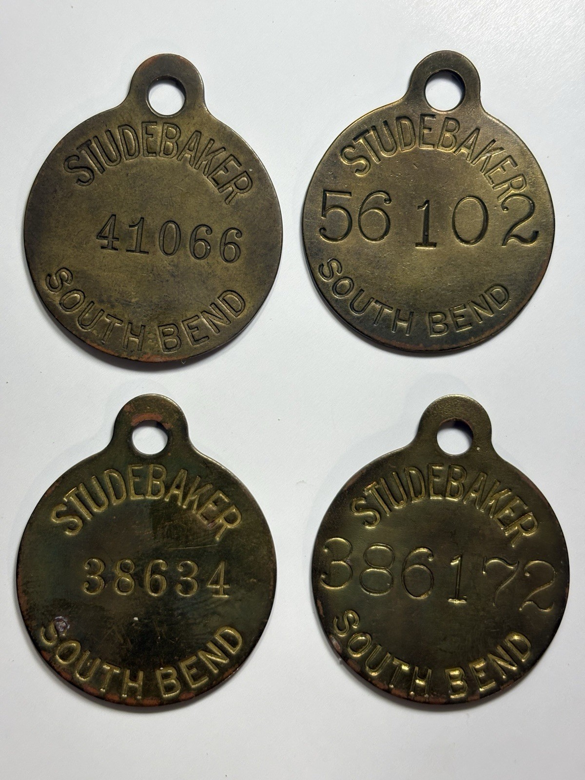 Lot Of 4 -1920\'s STUDEBAKER SOUTH BEND IN Automotive Automobile Brass Tags Lot Of 4 -1920\'s STUDEBAKER SOUTH BEND IN Automotive Automobile Brass Tags