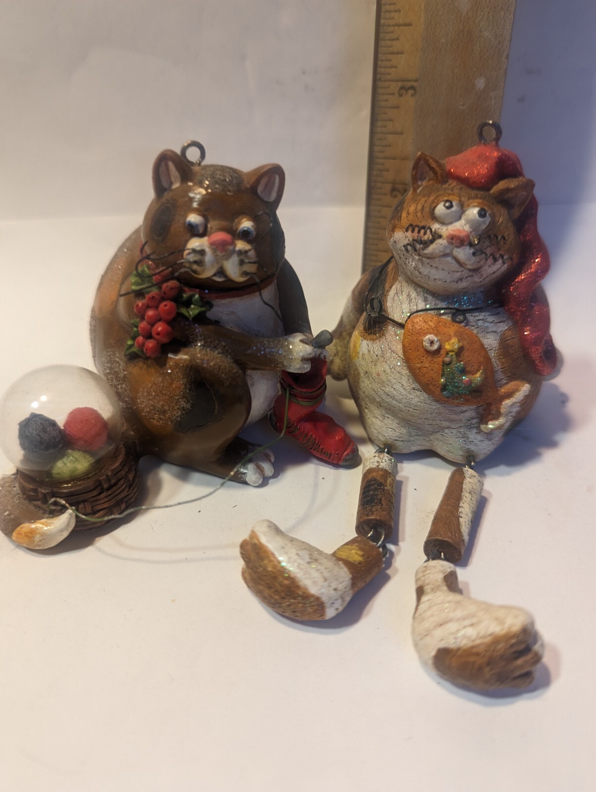 Cute, Silly Pair of Resin Calico Cat Ornaments w/Fun Curly Whiskers & a Red Hat
