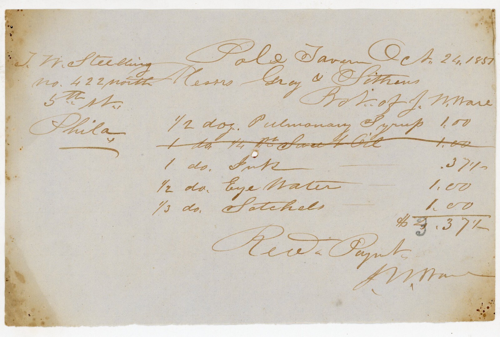 1851 Handwritten Invoice from Pole Tavern, NJ Medicinal & Stationery Stationery