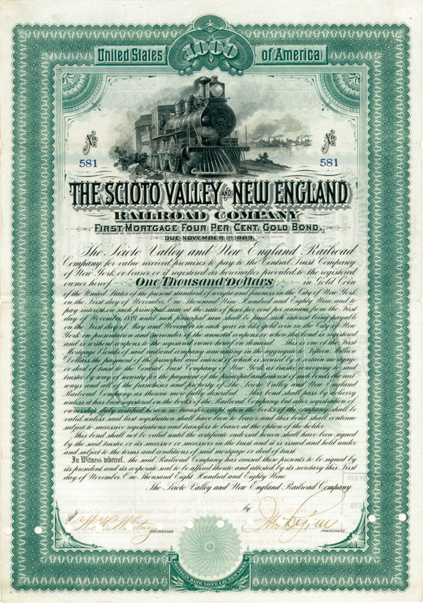 Scioto Valley and New England Railroad - Railroad Bonds