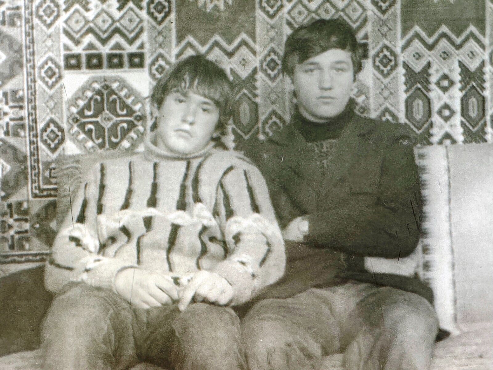 1970s Two Affectionate Handsome Men Students Guys Sitting on Sofa Vintage Photo