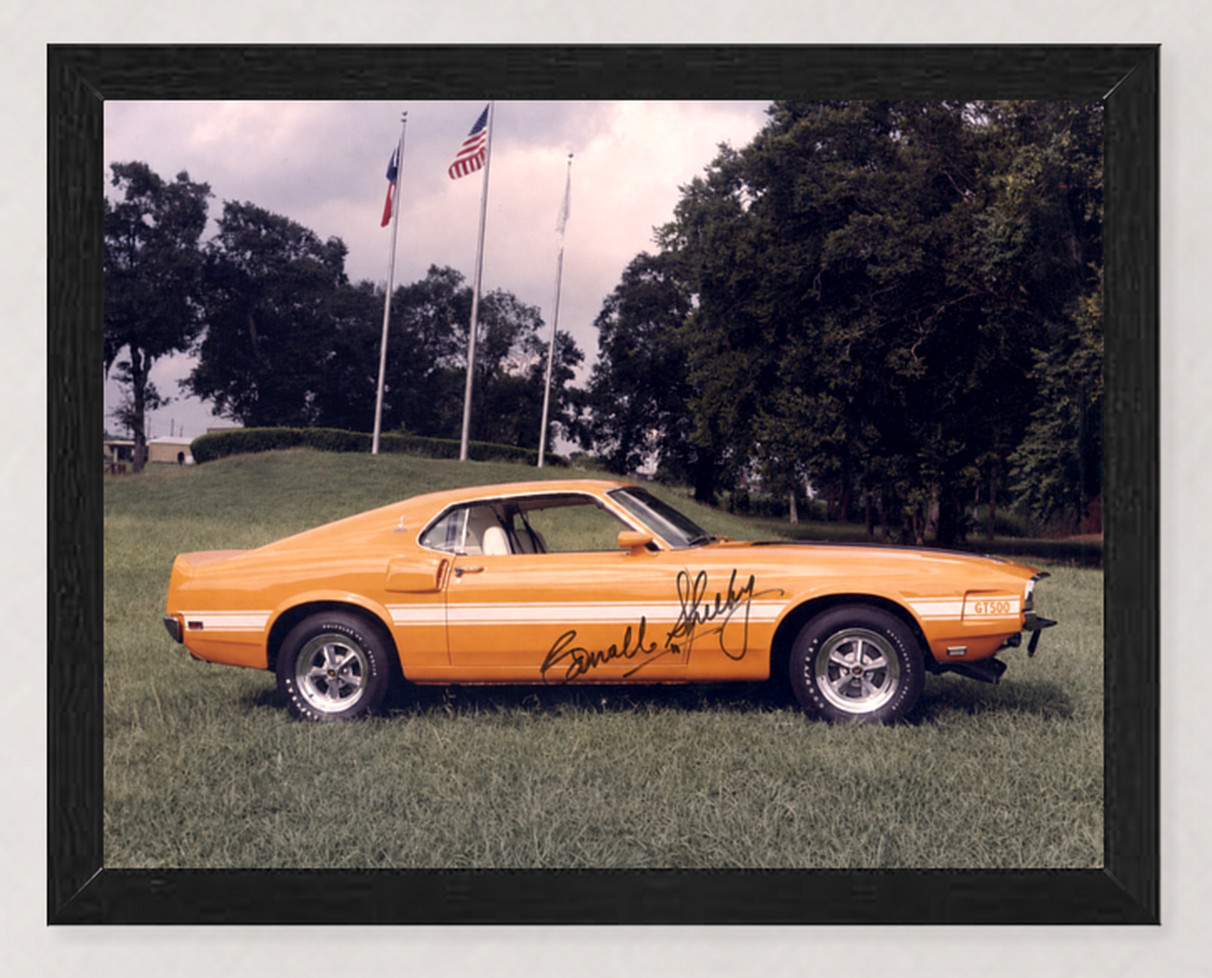 FRAMED 1969 FORD SHELBY MUSTANG GT500 GRABBER ORANGE SHELBY SIGNED 11X8.5 REPRO