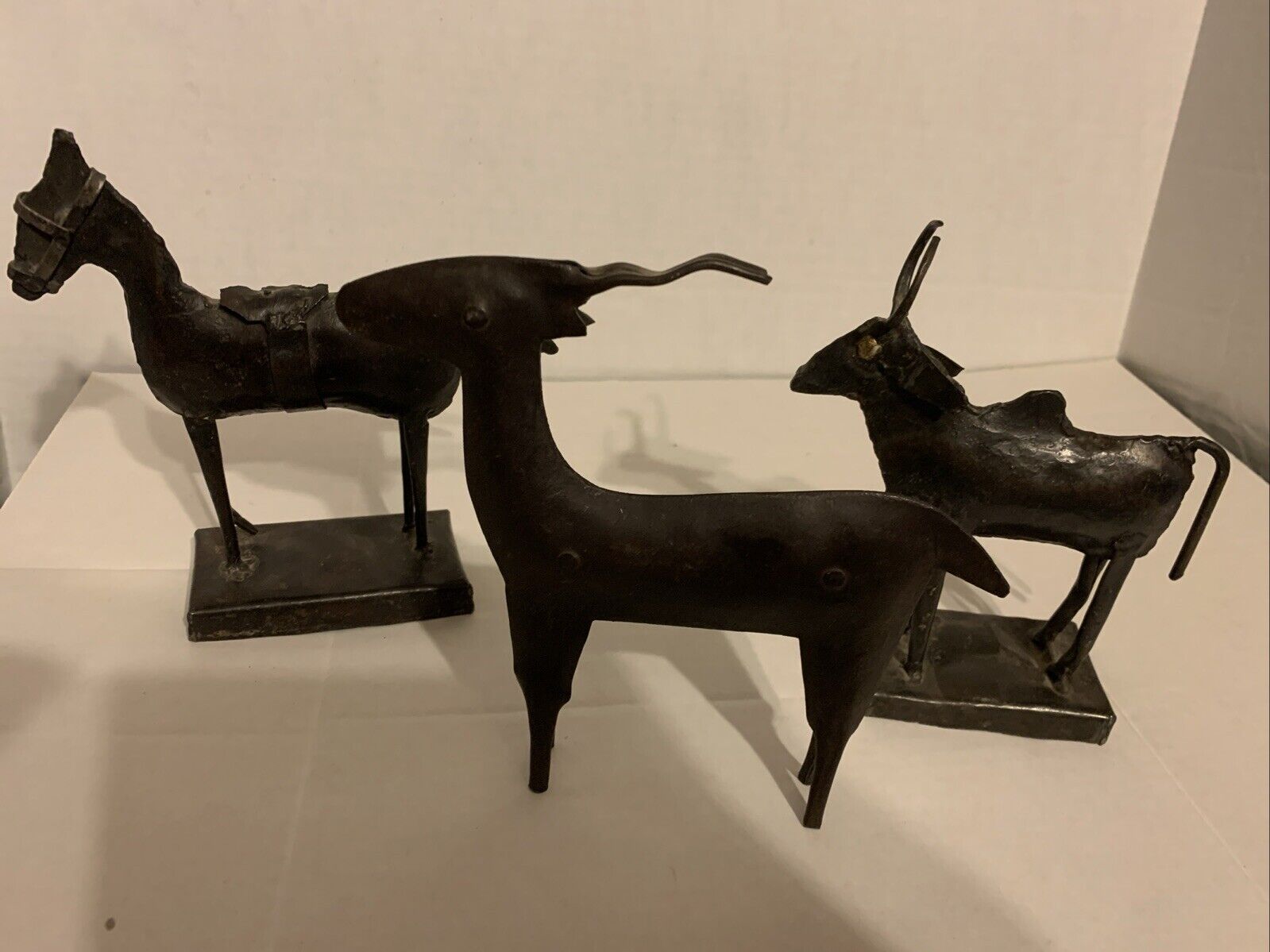 Vintage Metal Metalwork Art Horse Gazel And OX Figurine  India 3 Peice Set