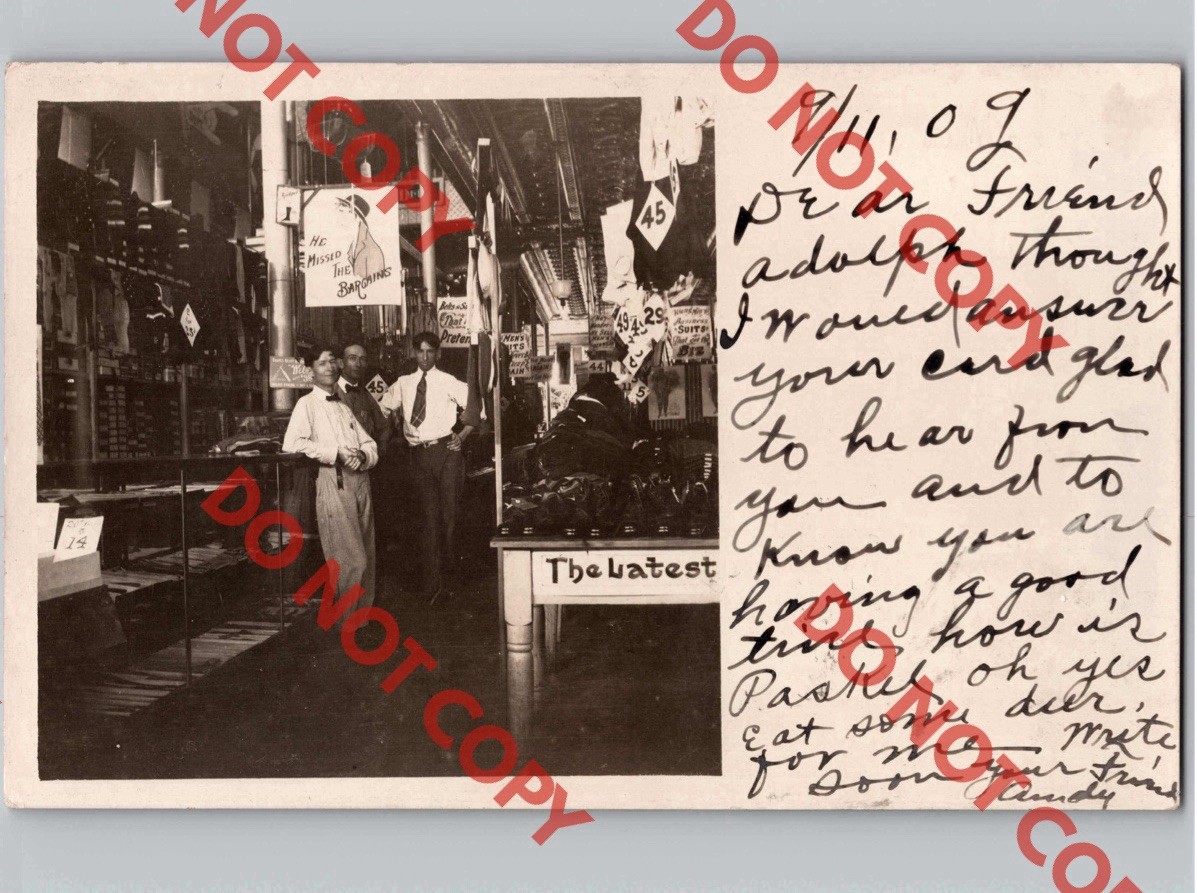 c1909 Interior View Bargain Store Womens Mens Clothes ADVERTISING SIGNS RPPC c1909 Interior View Bargain Store Womens Mens Clothes ADVERTISING SIGNS RPPC