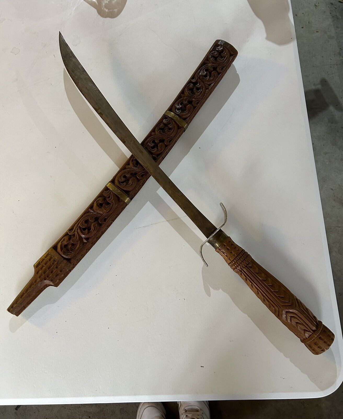 Vintage Vietnamese Carved Teak Dha Sword  
