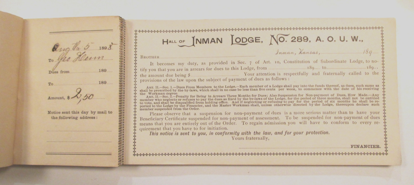 1890s A O U W American Order of United Workman INMAN KANSAS LODGE RECEIPT BOOK 1890s A O U W American Order of United Workman INMAN KANSAS LODGE RECEIPT BOOK