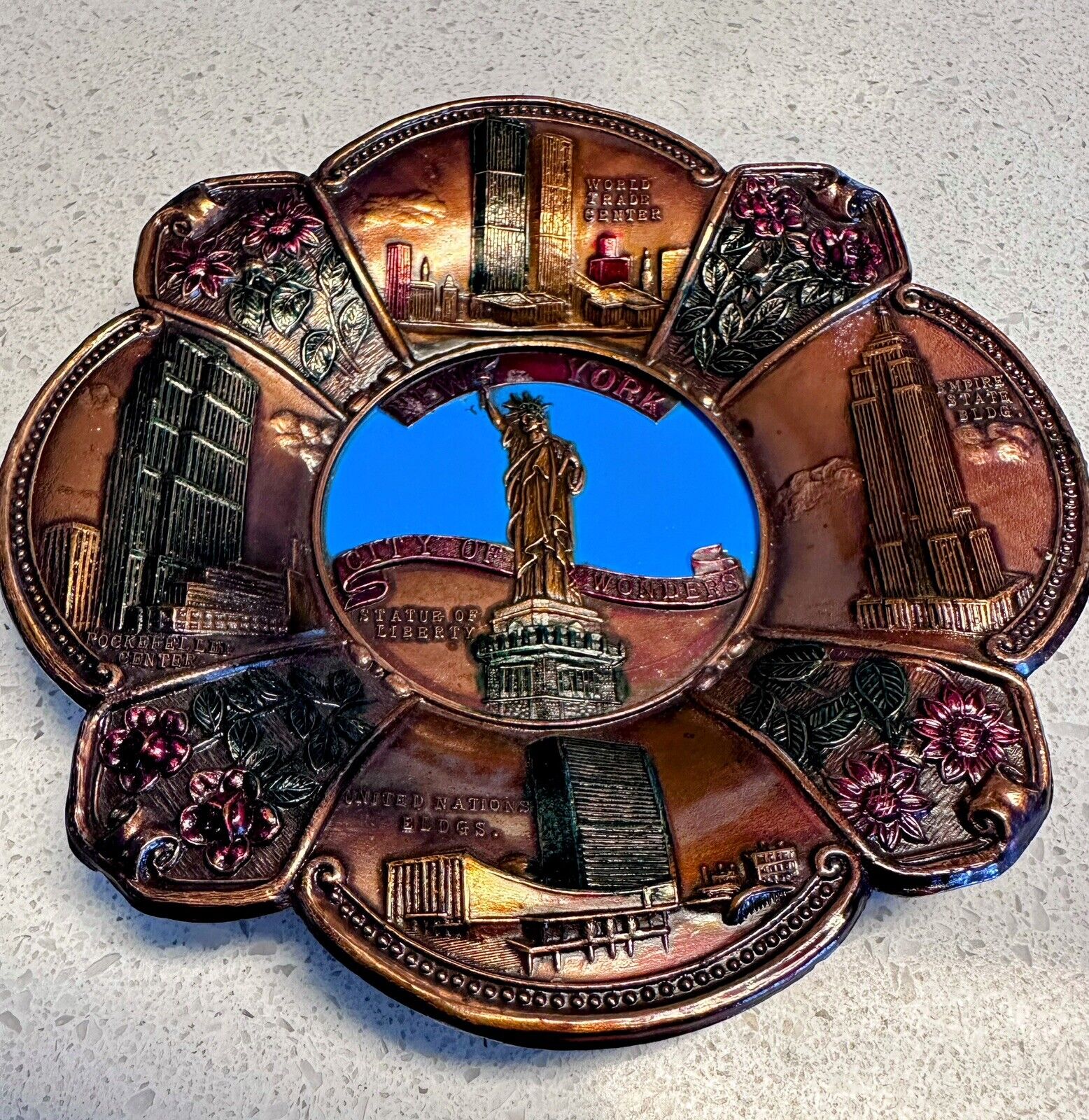 Vintage New York NYC City of Wonders Brass Metal Painted Famous Landmark
