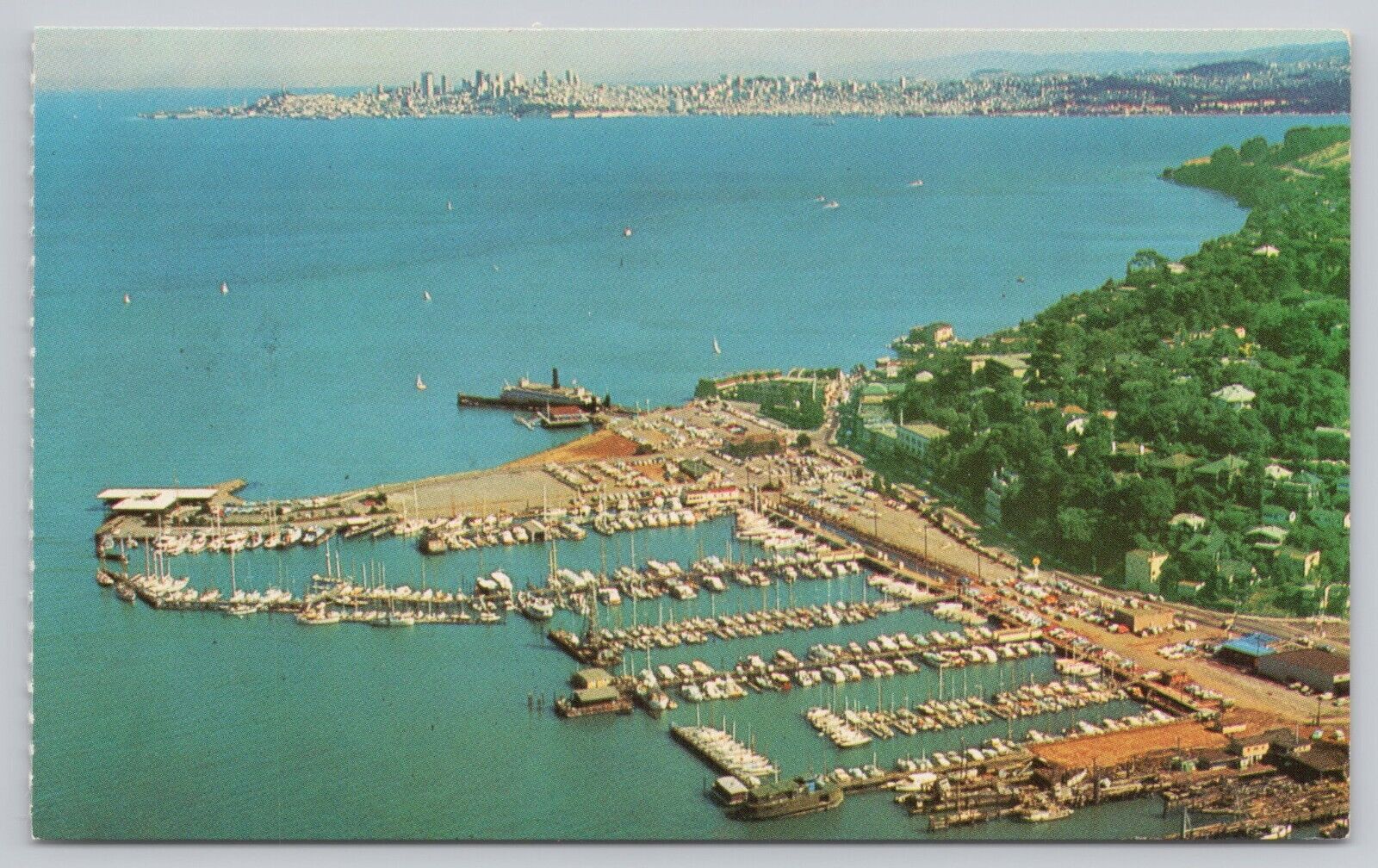 Sausalito California, Aerial View San Francisco Skyline Bay Yachts, VTG Postcard