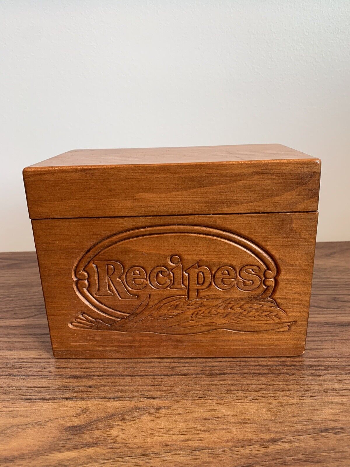 Vintage Wooden Recipe Box Holder With Hand Written And Clipped Recipes