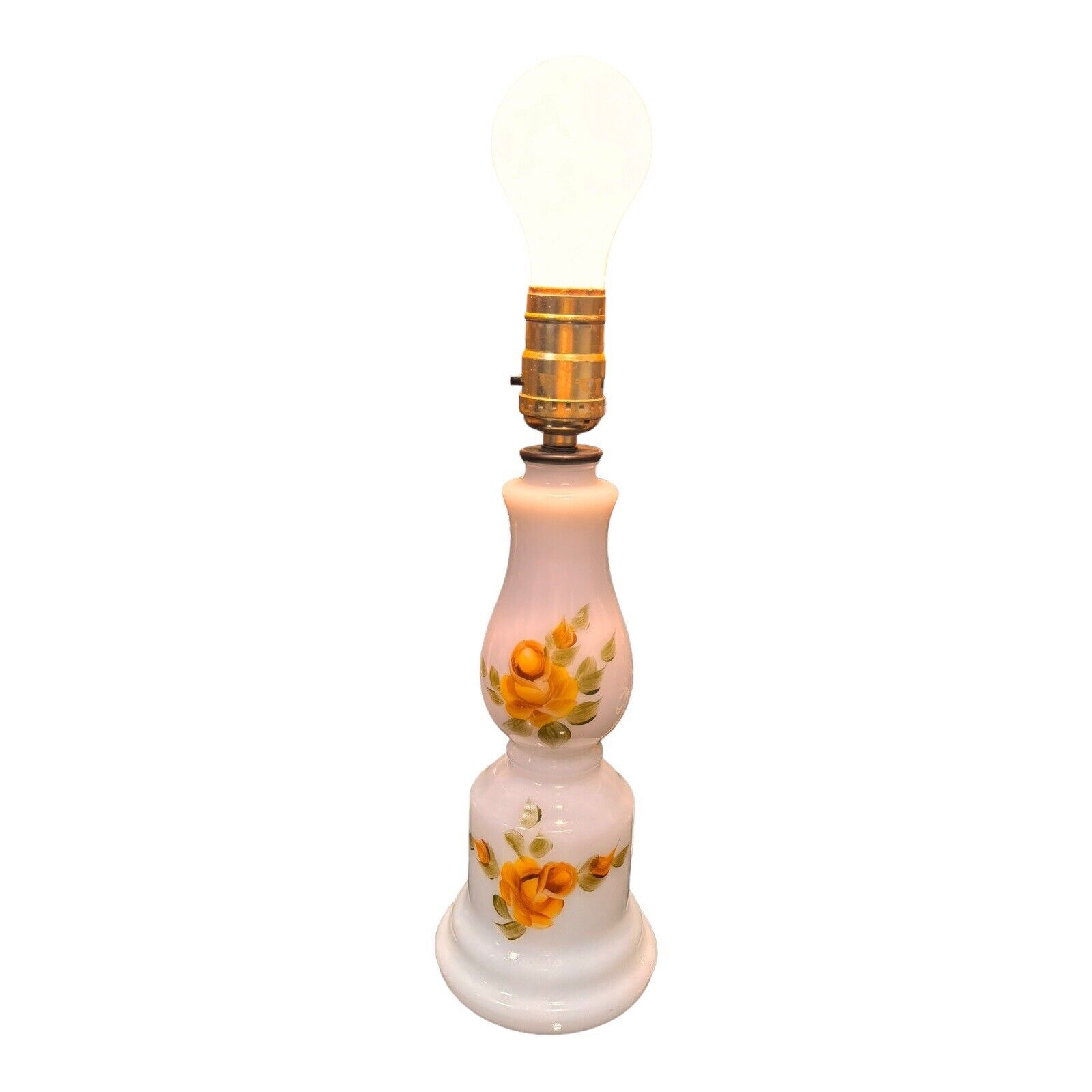 Vintage White Satin Lamp Hand Painted Floral Print Dresser Boudoir Lamp USA Made