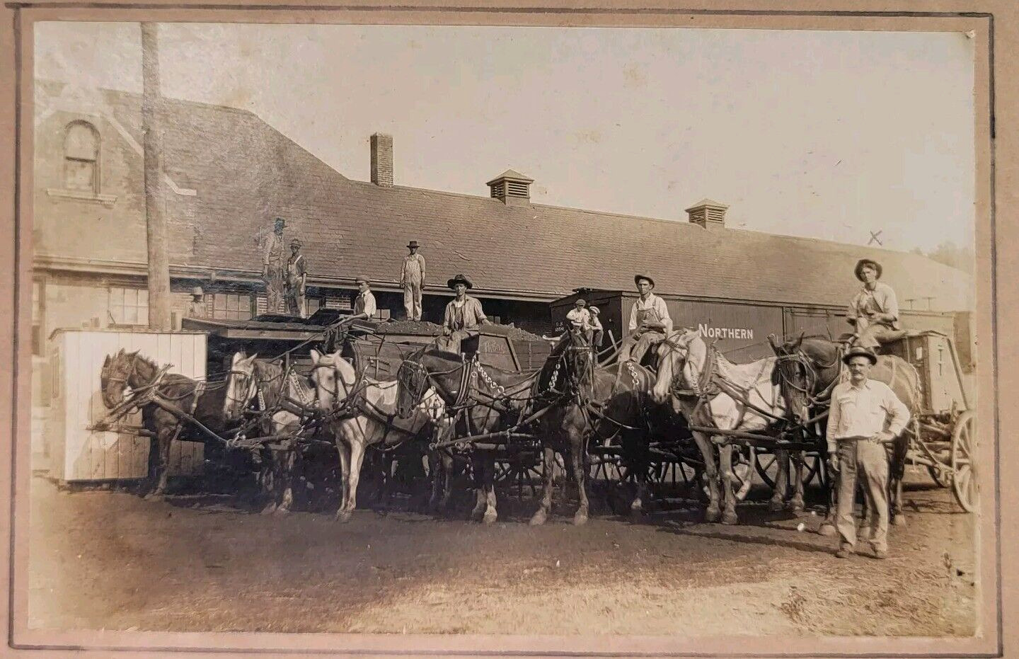 Antique Horse Drawn Delivery At Northern Railroad Train Station Mounted Photo