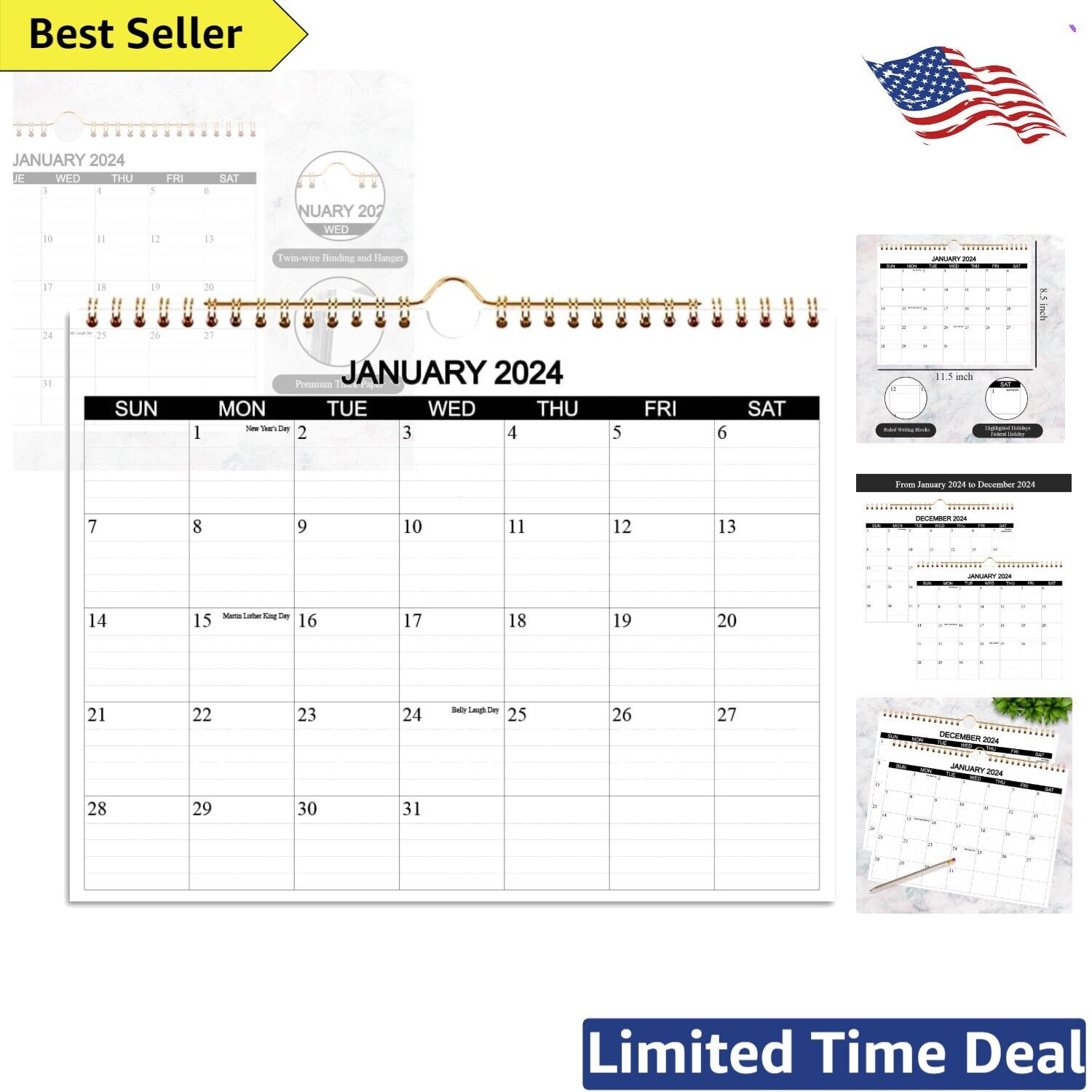 2024 Wall Calendar - Eye-Catching Design with Federal Holidays - 8.5 x 11 Inches