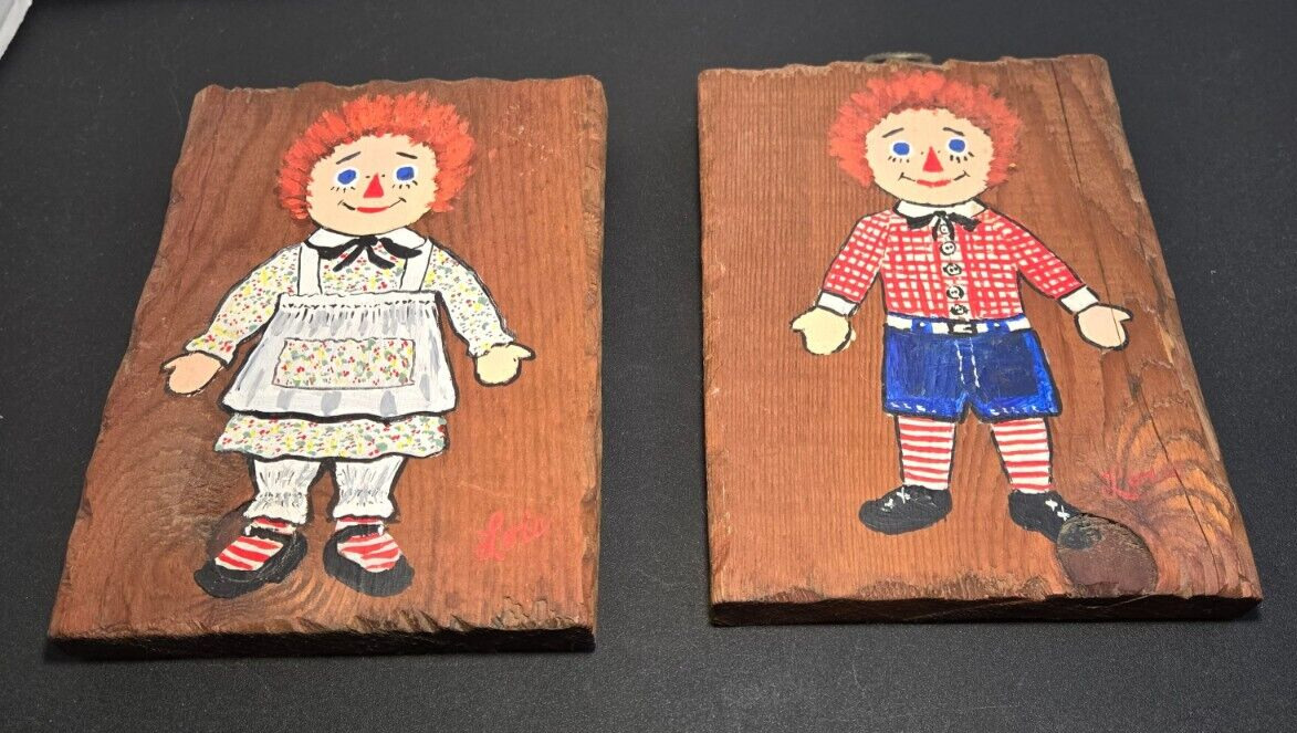Vtg. 70s Raggedy Ann & Andy Handmade Retro Wall Hanging Wood Plaques OOAK Signed