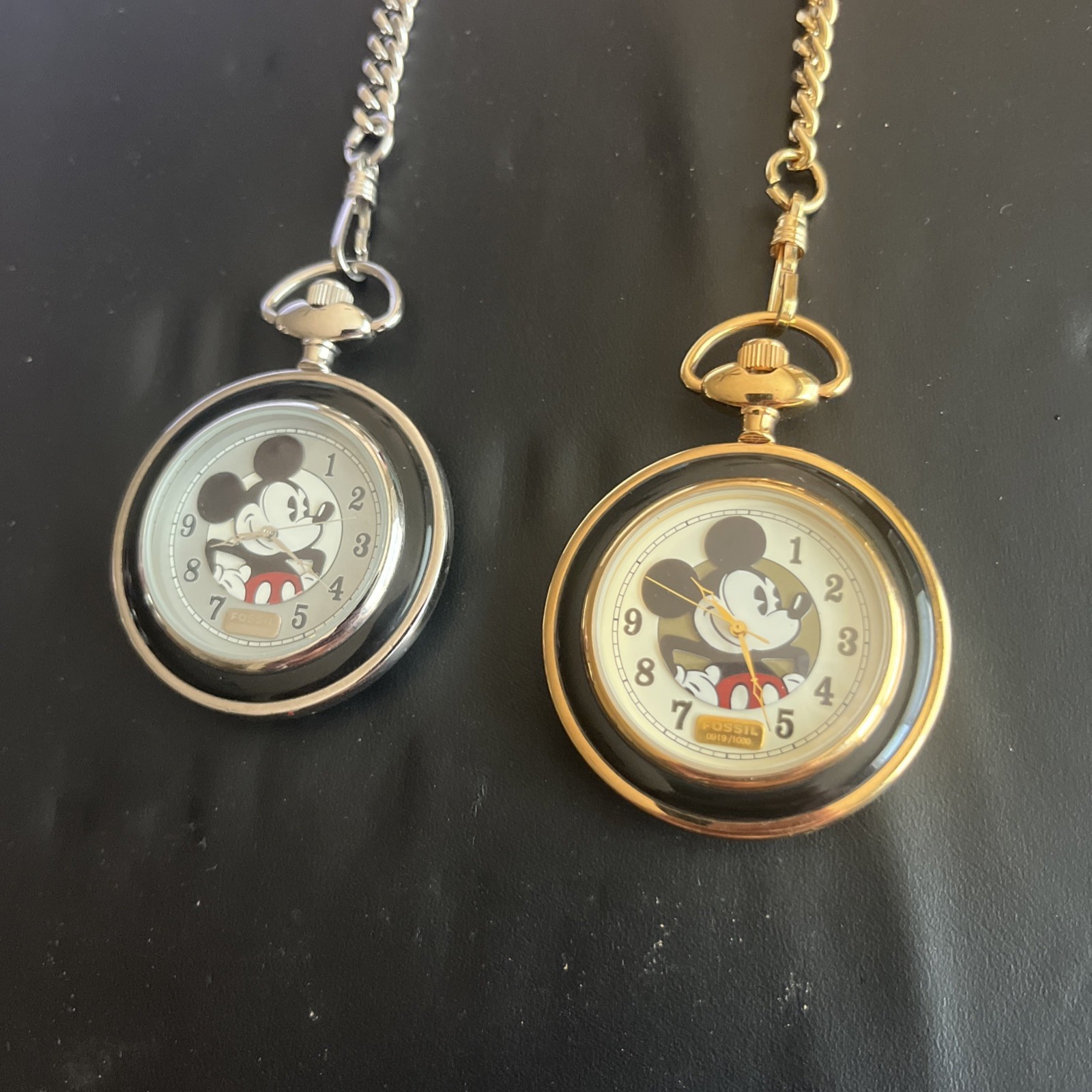 MICKEY MOUSE FOSSIL POCKET WATCH  Set of 2 1  Gold  and 1 Silver  New never used