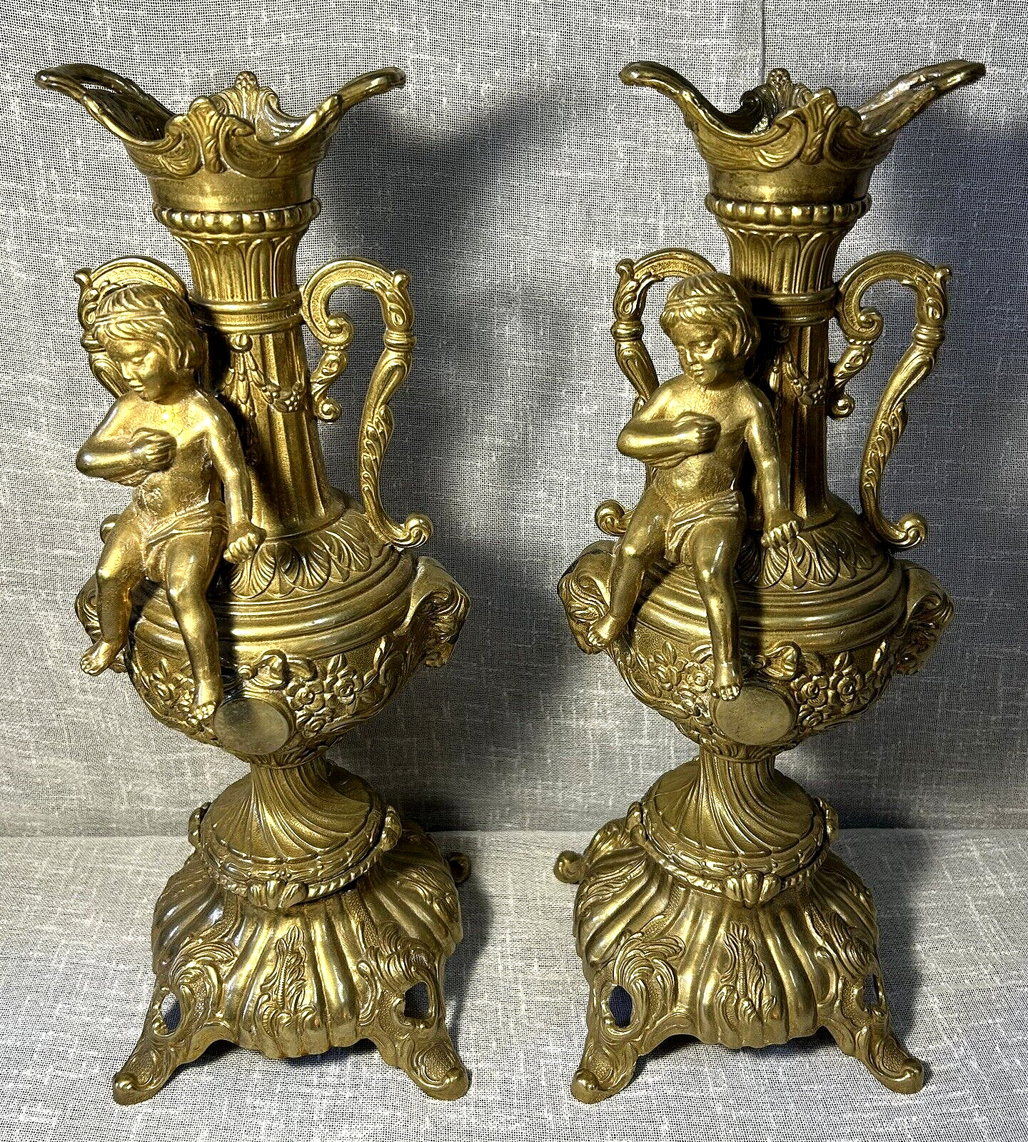 Pair Antique/Vintage Italian Solid Brass Decorative Mantel Urns Candle Holders