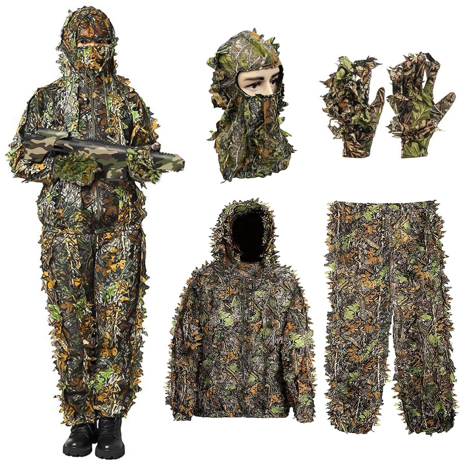 Ghillie Suit, 3D Leafy Woodland Camouflage Clothes, Adult Youth Size | Breath...