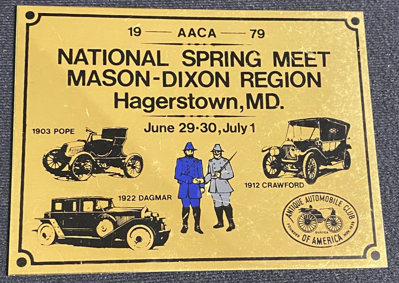 1979 AACA Car Show Dash Plaque Mason-Dixon Region Hagerstown, MD Brass