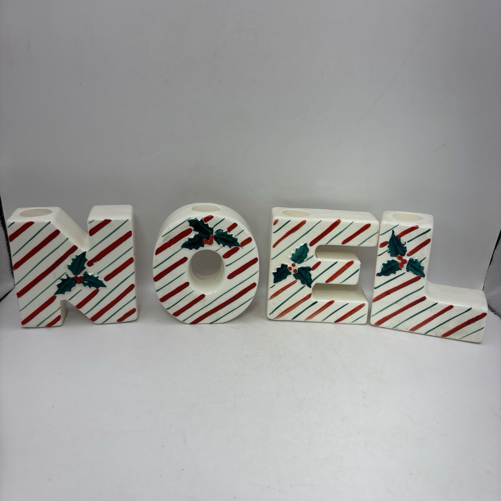Vintage NOEL Christmas Candle Holders Japan Holly & Stripes 3\