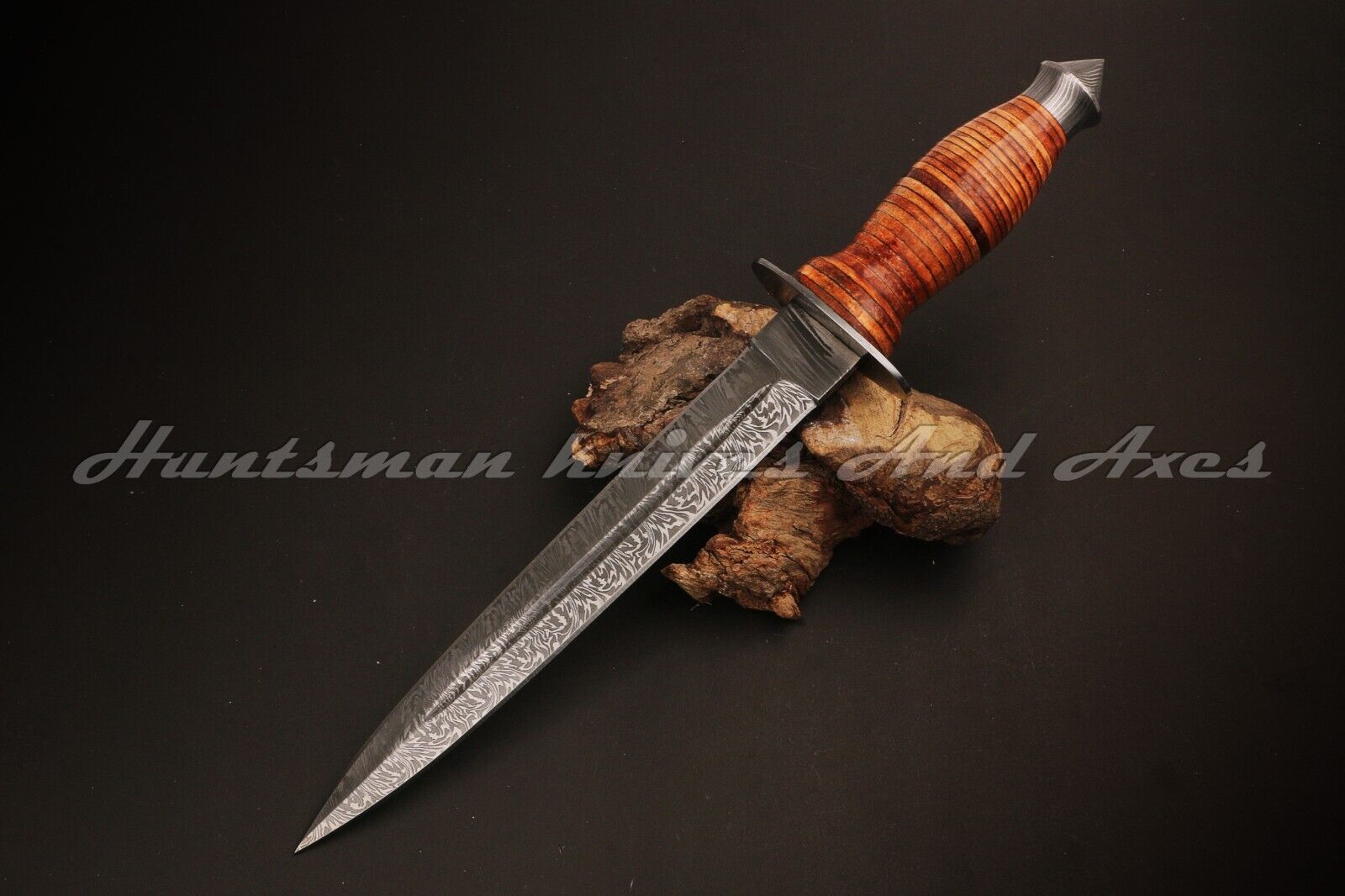 Custom Made 14'' Fairbairn Sykes Leather Staked Dagger with Hand Forged Damascus