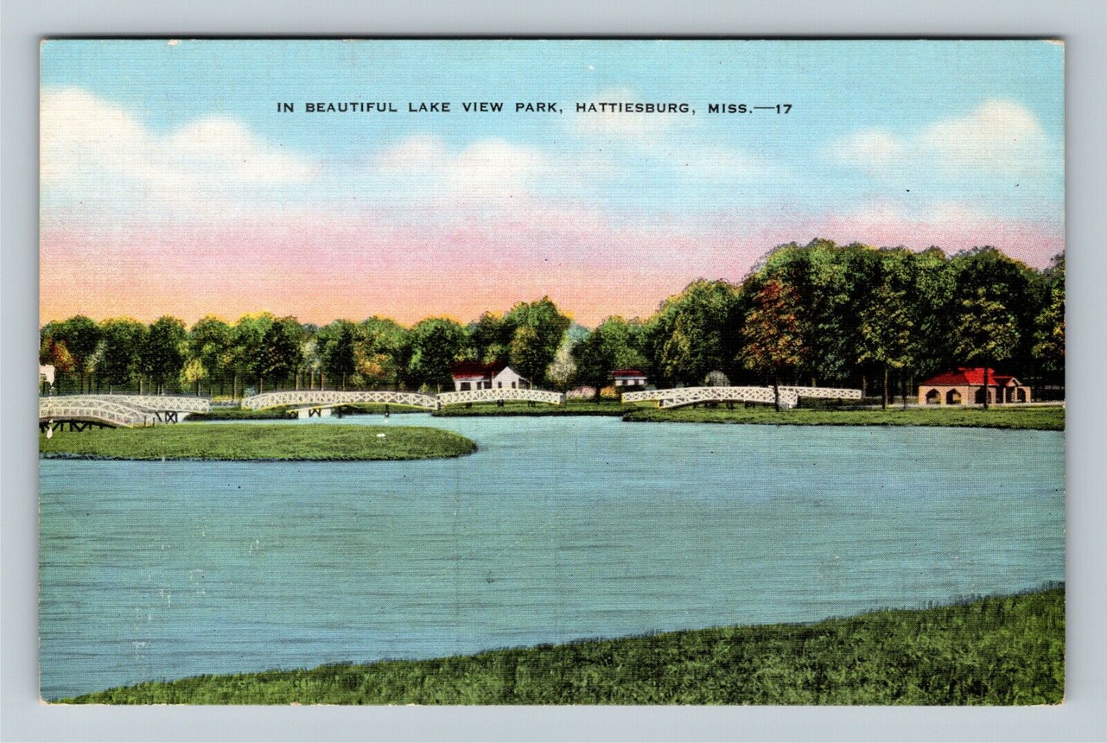 Hattiesburg MS-Mississippi, Beautiful Lake View Park, Bridges Vintage Postcard