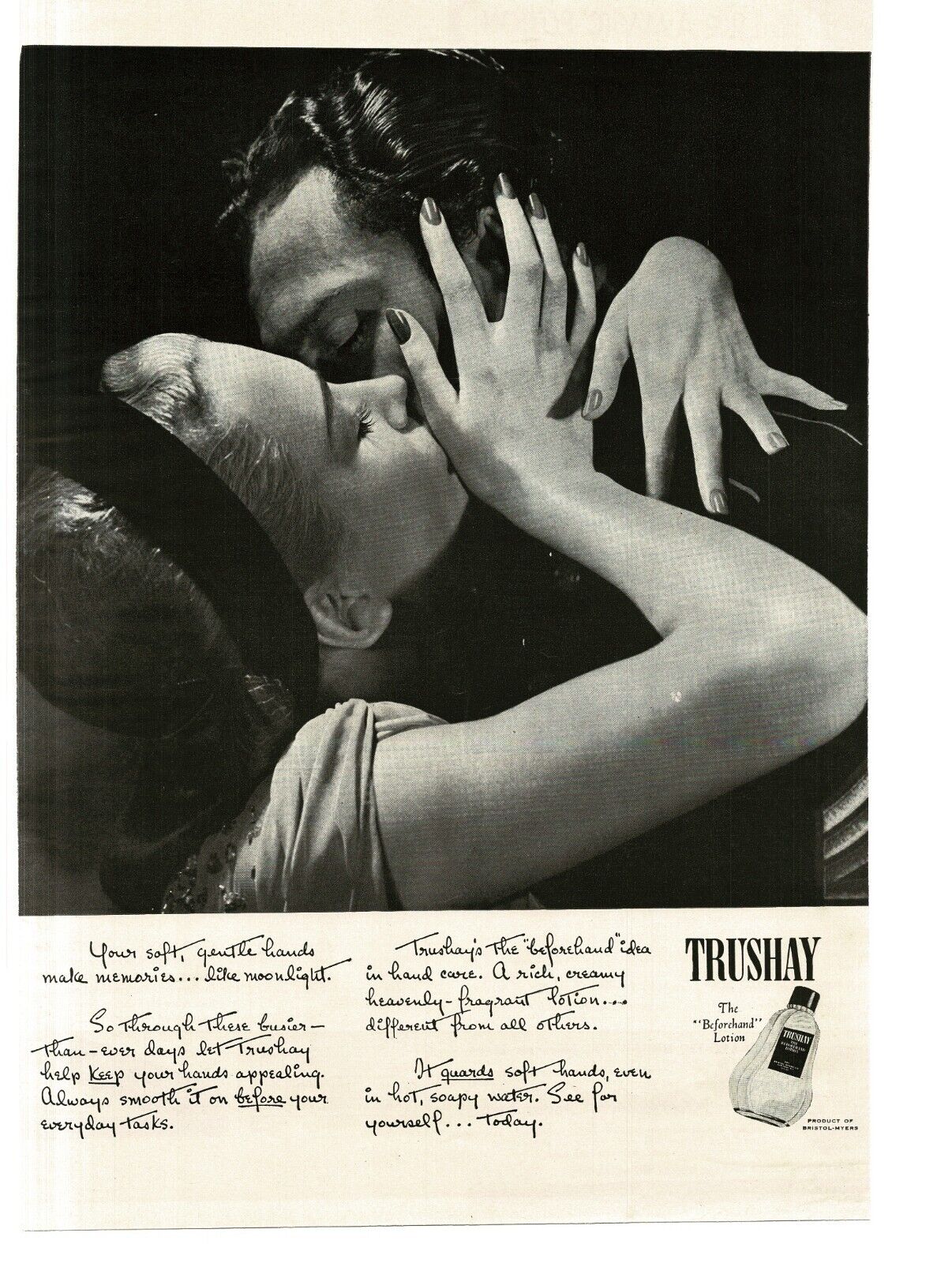 1945 Trushay Hand Lotion Cream US Marine Woman Romantic Hug WWII Print Ad