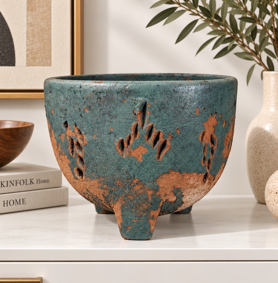Vintage Rustic Textured Handcrafted Terracotta Teal Blue Pot Planter Art Pottery