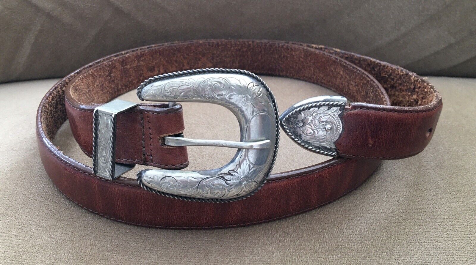 Genuine Old Western American Cowboy Silver Ranger Belt Buckle & Leather Belt Set