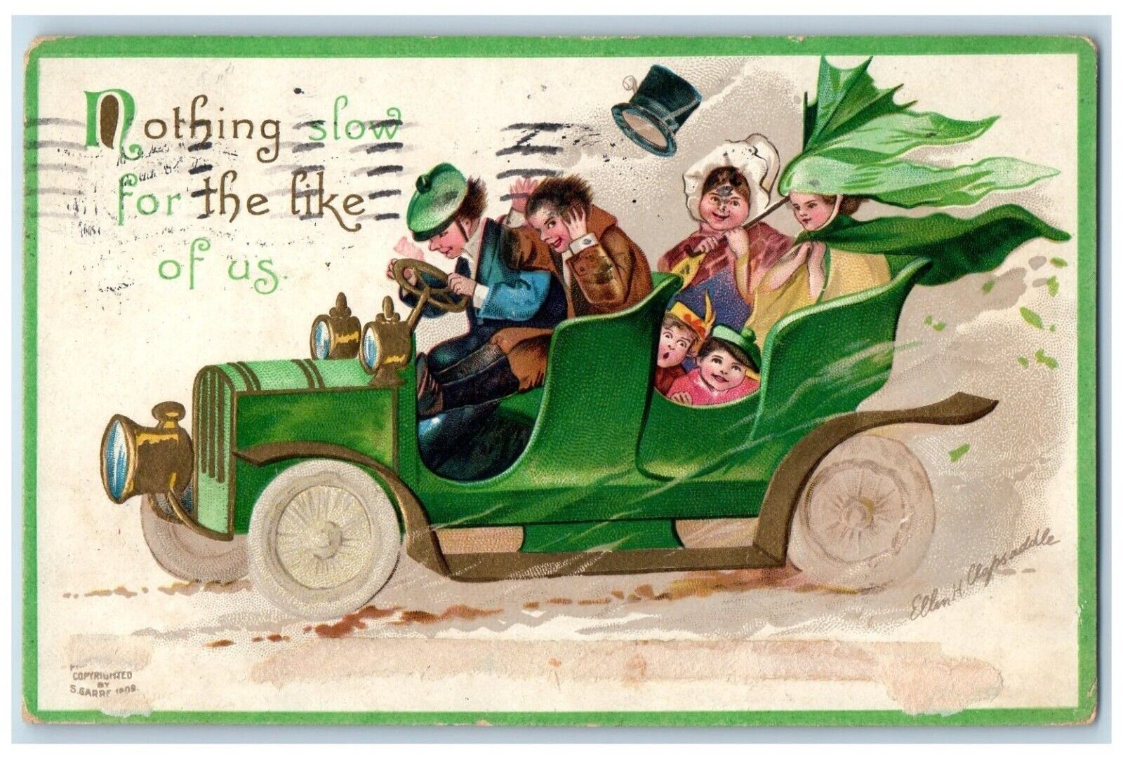 1911 St. Patrick's Day Car Riding Ellen Clapsaddle Artist Signed Posted Postcard