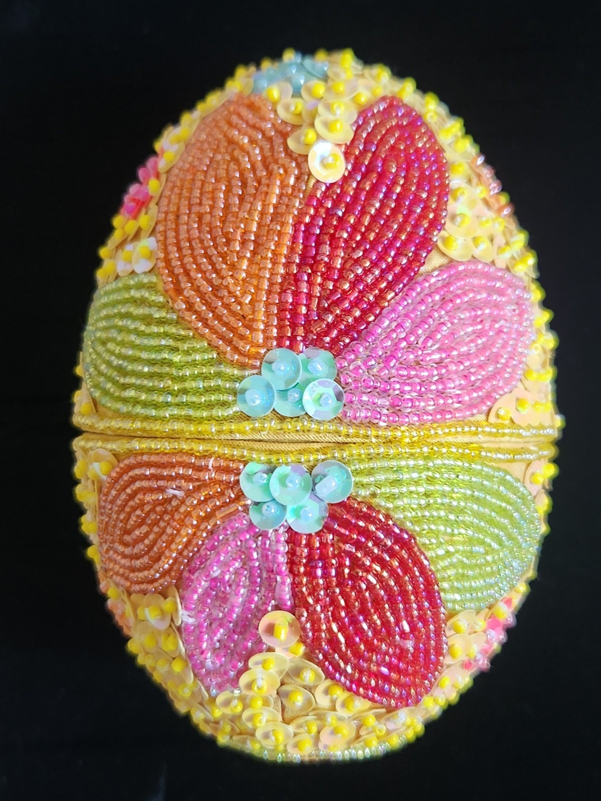 Godiva Sequin Beaded Easter Egg Trinket Box Yellow with Colorful Flower 6 x 3.75 Godiva Sequin Beaded Easter Egg Trinket Box Yellow with Colorful Flower 6 x 3.75