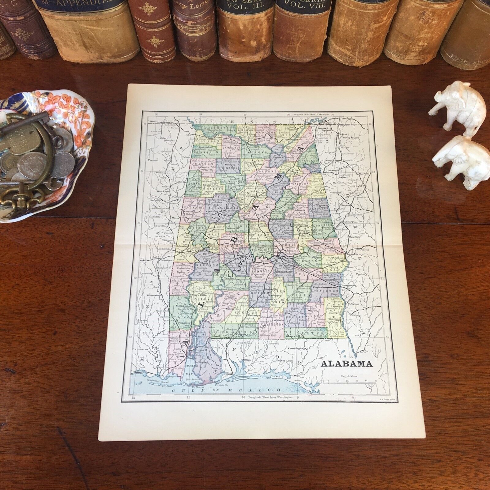 Original 1890 Antique Map ALABAMA Montgomery Florence Auburn Athens Oxford Selma