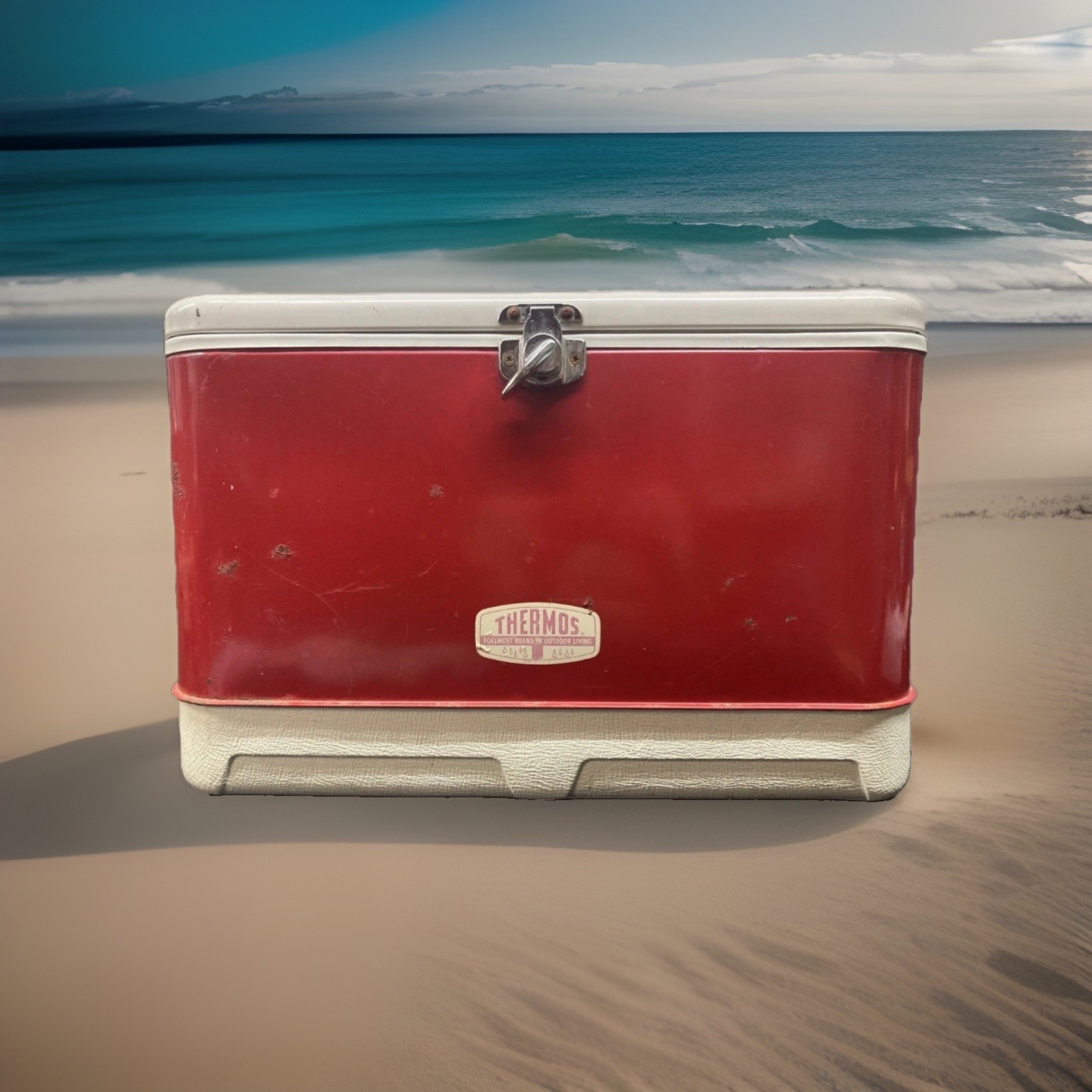 Thermos Cooler Red And White Metal Vintage Retro Picnic