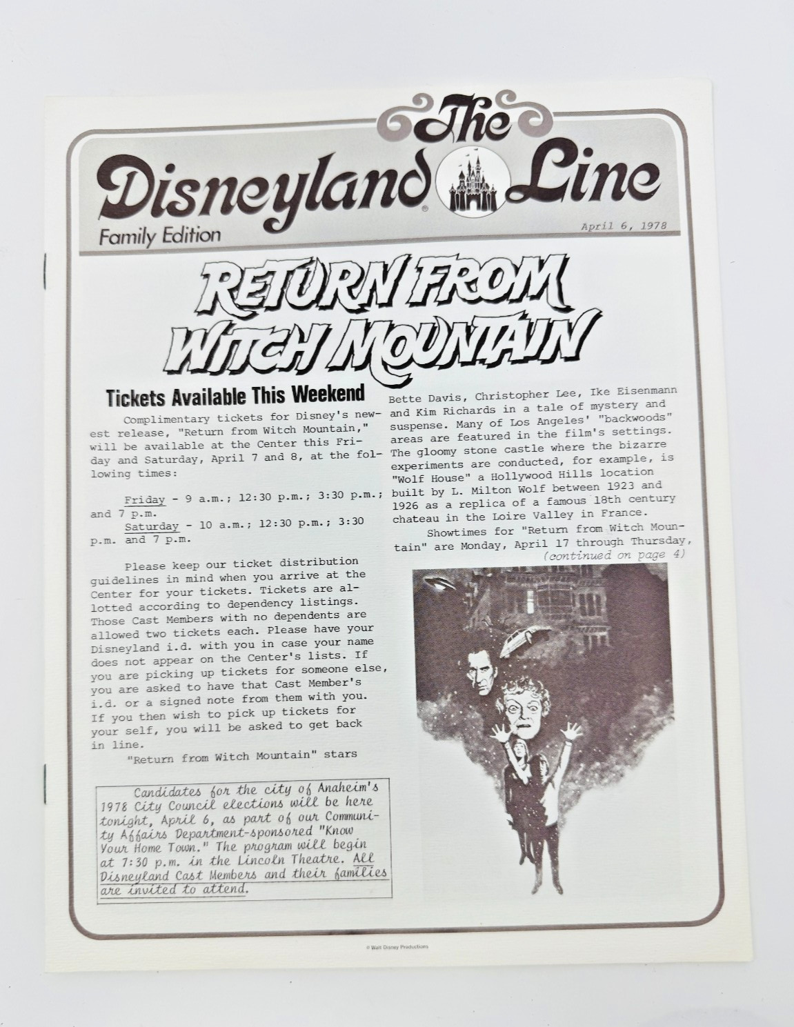 Disneyland Line April 6, 1978 Cast Member News Return from Witch Mountain Disneyland Line April 6, 1978 Cast Member News Return from Witch Mountain
