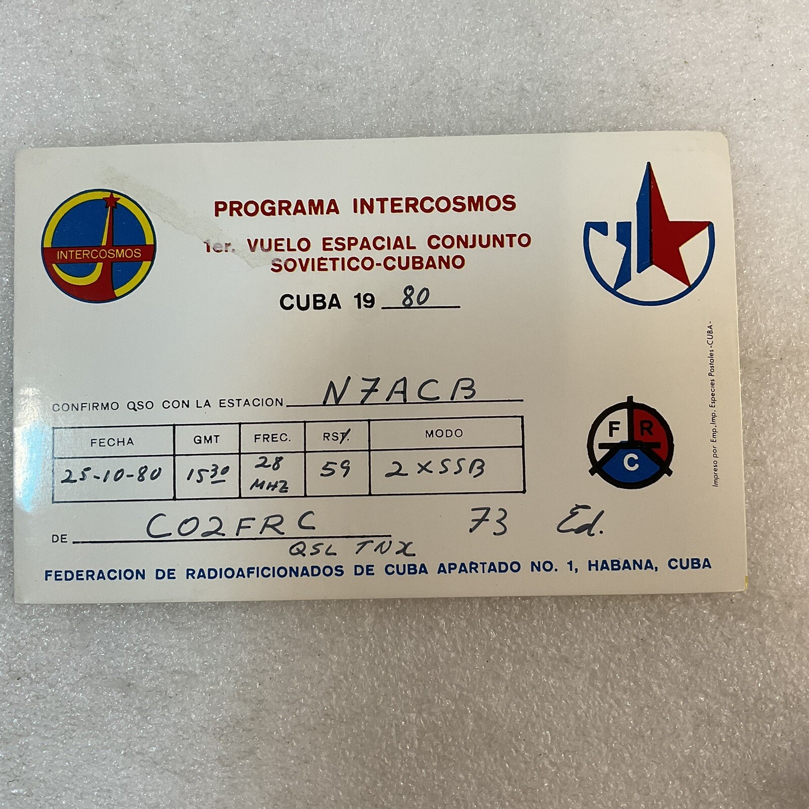 QSL Short Wave Ham Radio Card C02FRC Habana Sovietico Cuba