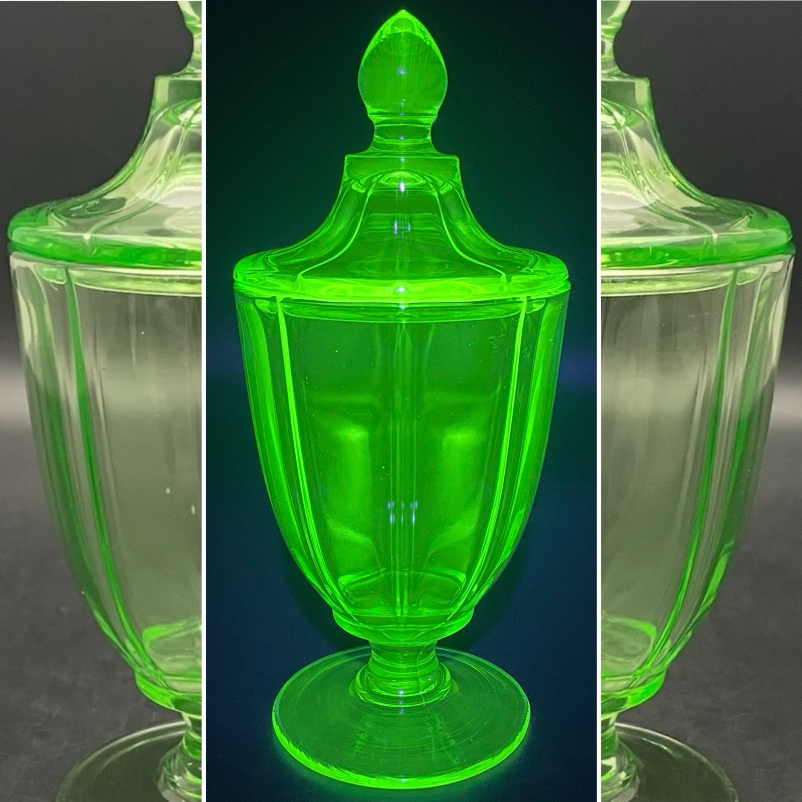 Fostoria Uranium Glass Art Deco Ribbed Optic Fairfax Compote 1927-1941 USA 9”t