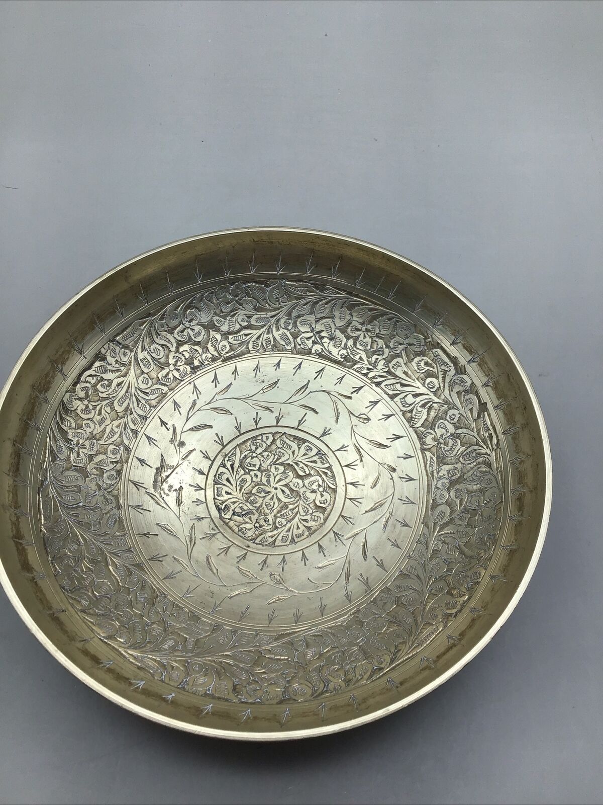 Vintage Etched Brass Bowl.  Floral Design. 6.5” diameter x 1.75”  tall. India.