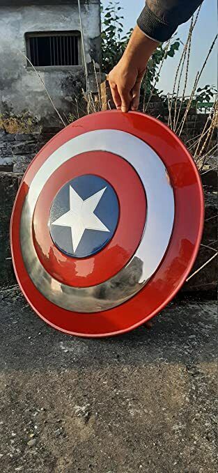 Vintage 24 Inch Mild Steel Captain America Leather Metal Rust Free Round Shield 