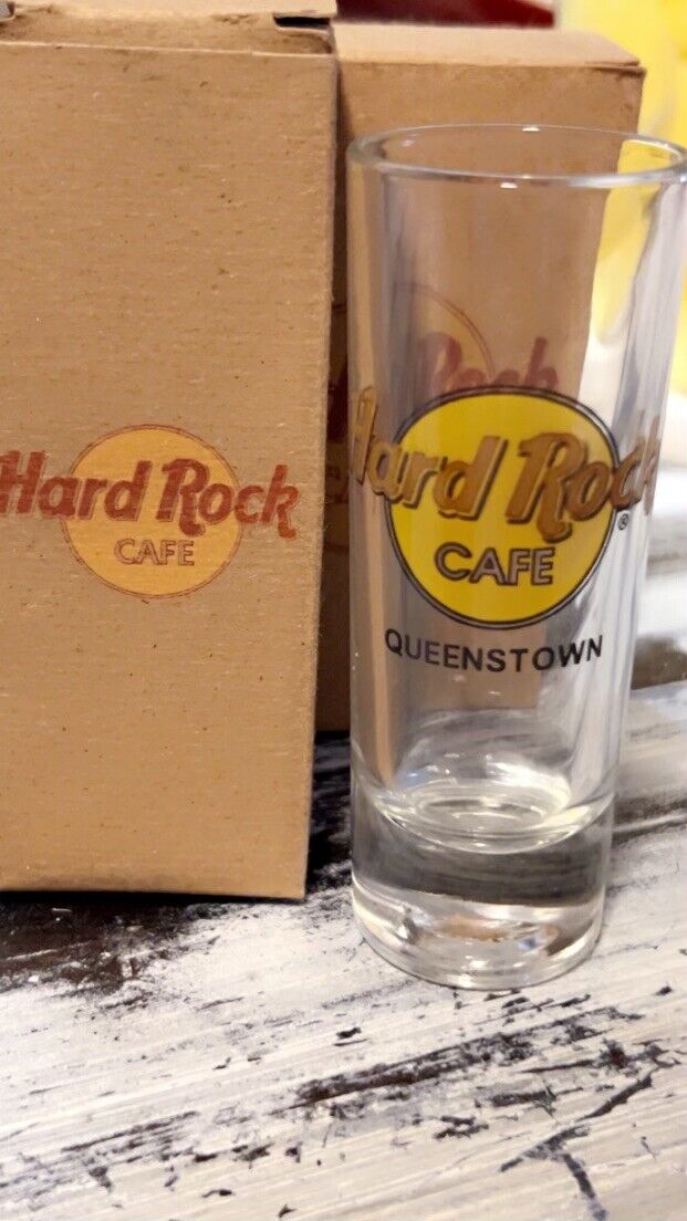 Hard Rock Cafe shot glass Queenstown Classic logo series black circle & letters