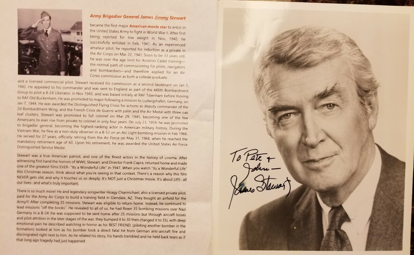 Signed James Jimmy Stewart Photo WWII General Hero Pilot & Wonderful Life Actor