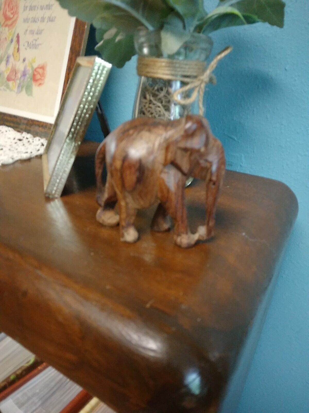 Vintage Hand Carved Folk Art Wooden Elephant Without Tusks Figurine