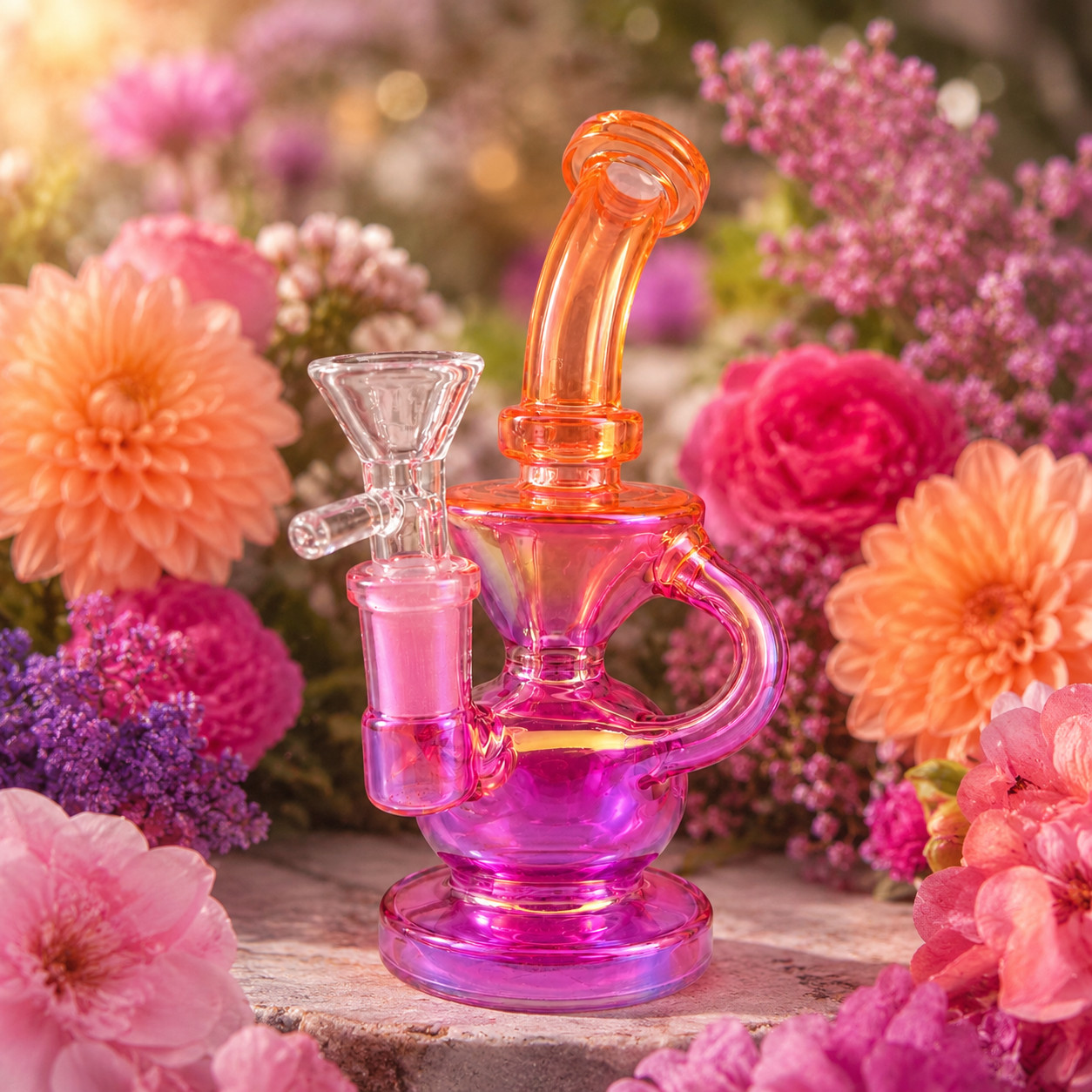 Orange Pink Iridescent Compact Glass Water Pipe 14mm 6~6.5 inch Orange Pink Iridescent Compact Glass Water Pipe 14mm 6~6.5 inch
