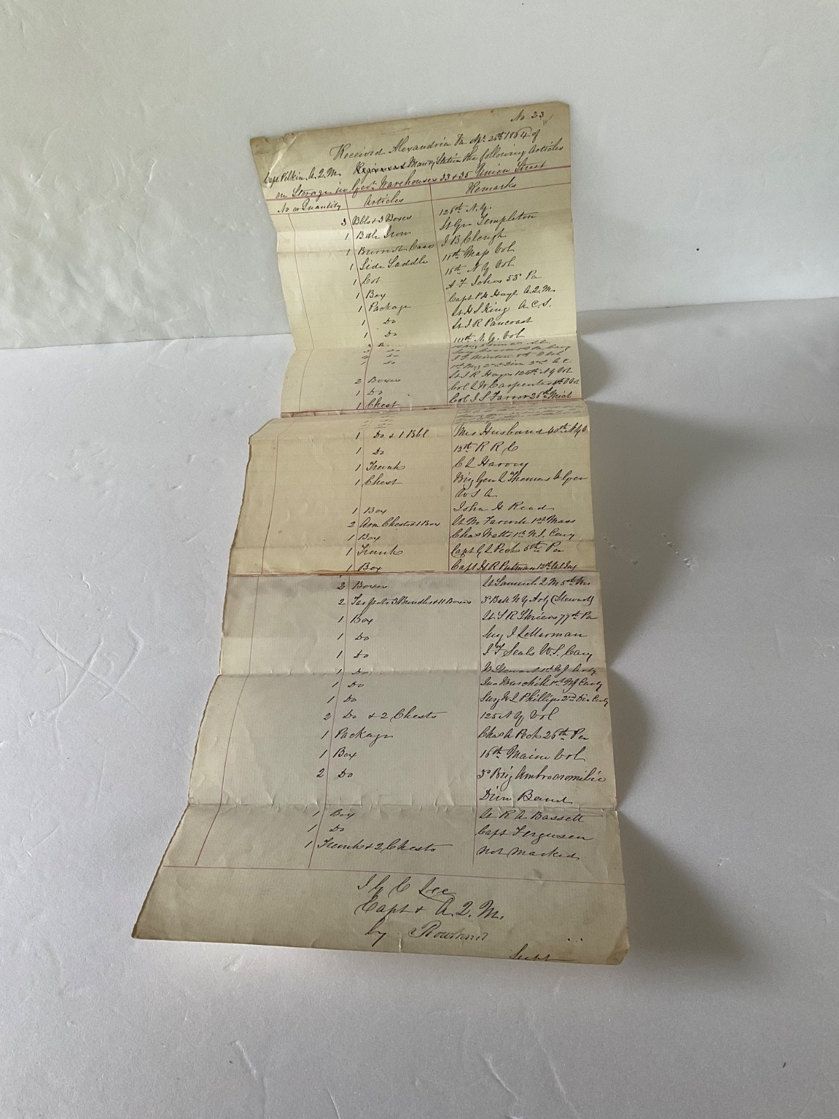 CIVIL WAR ALEXANDRIA VA STORAGE FOR OFFICERS GEAR LIST APRIL 1864 3 PAGES ATTACH