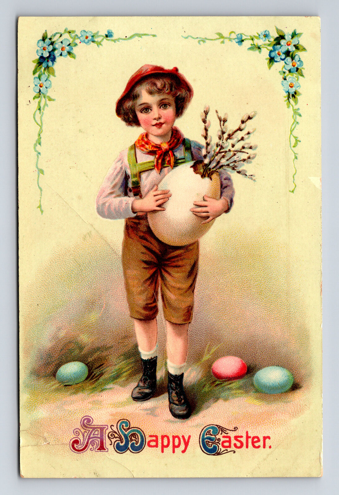 Happy Easter Boy Giant Egg Willows Forget Me Not Flowers Postcard