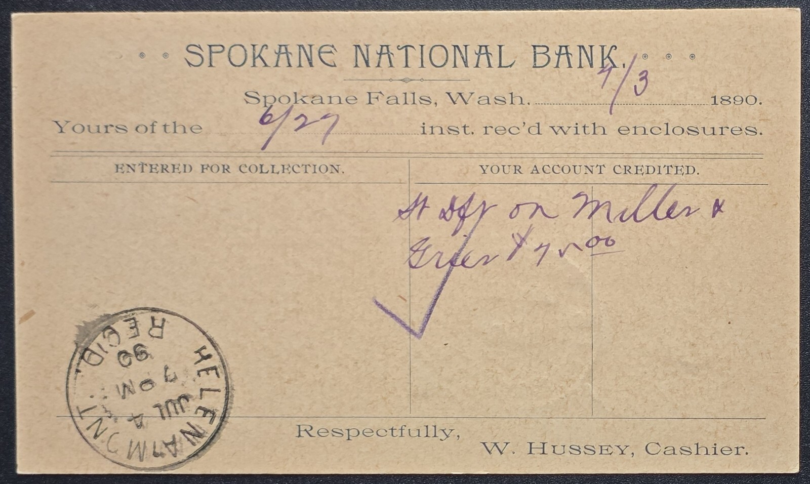 1890 Spokane National Bank to 1st National Bank Helena MT - Early Banking 1890 Spokane National Bank to 1st National Bank Helena MT - Early Banking