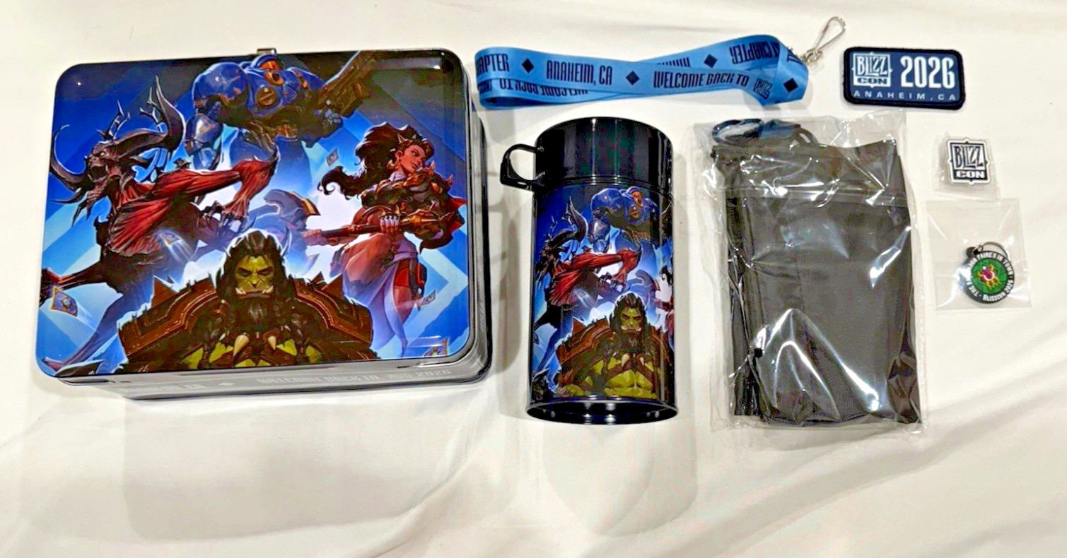 2026 BlizzCon Metal Lunchbox Tin Set w/ Tumbler Bottle, Lanyard, Bag & Pins 2026 BlizzCon Metal Lunchbox Tin Set w/ Tumbler Bottle, Lanyard, Bag & Pins