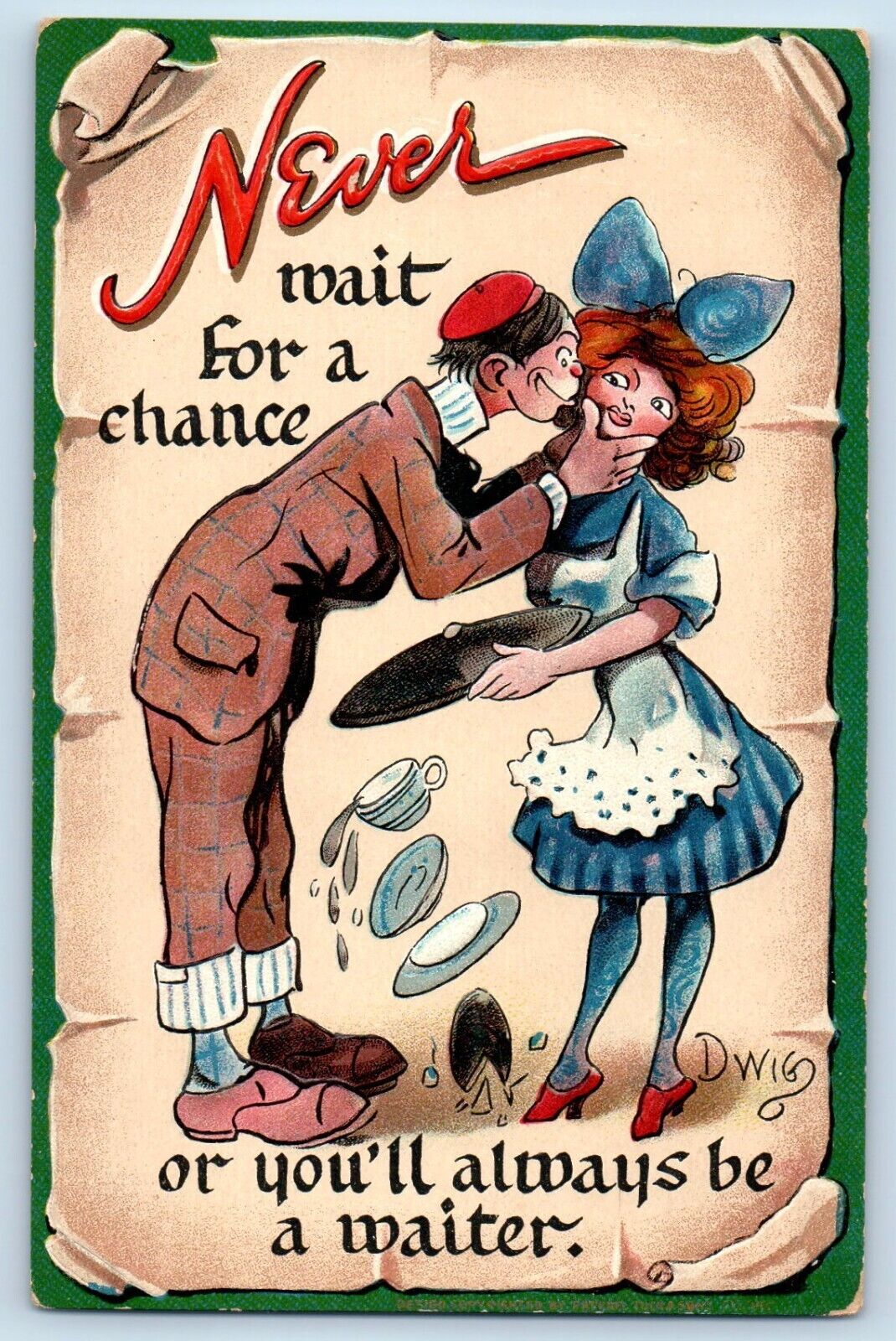 Dwig Raphael Tuck Signed Postcard Never Wait For A Chance Kissing Romance c1910s