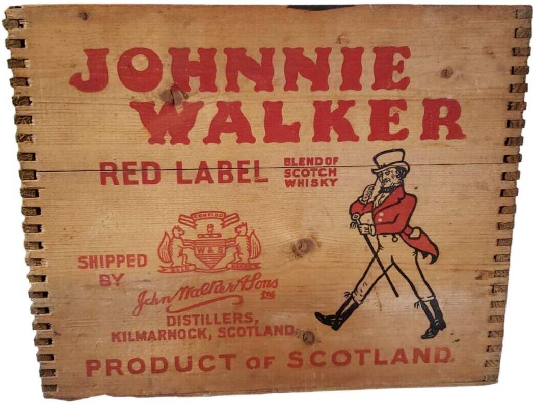 Johnnie Walker Box Red Label Whiskey Wooden Box Whisky Dove Tail VTG 1958 Decor